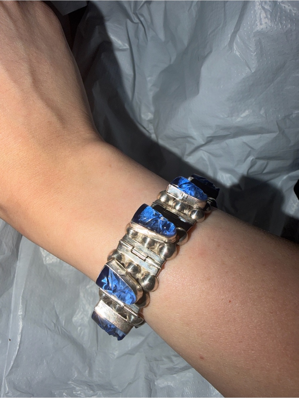 Vintage 925 Mexico Carved Blue Mask Glass Bracelet 7”
